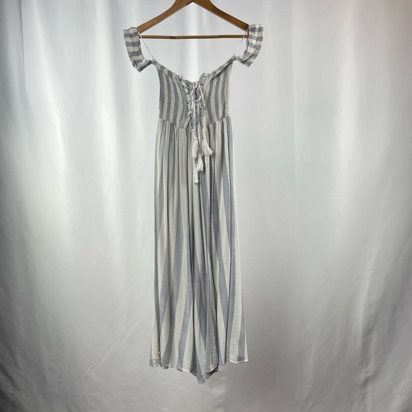 Skylar + Madison Wide Leg Stripe Off the Shoulder Jumpsuit in White Blue Size XS - Picture 6 of 10